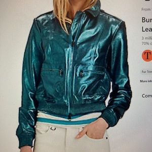 Burberry brit metallic green/blue leather bomber with ribbed cuffs and hem.